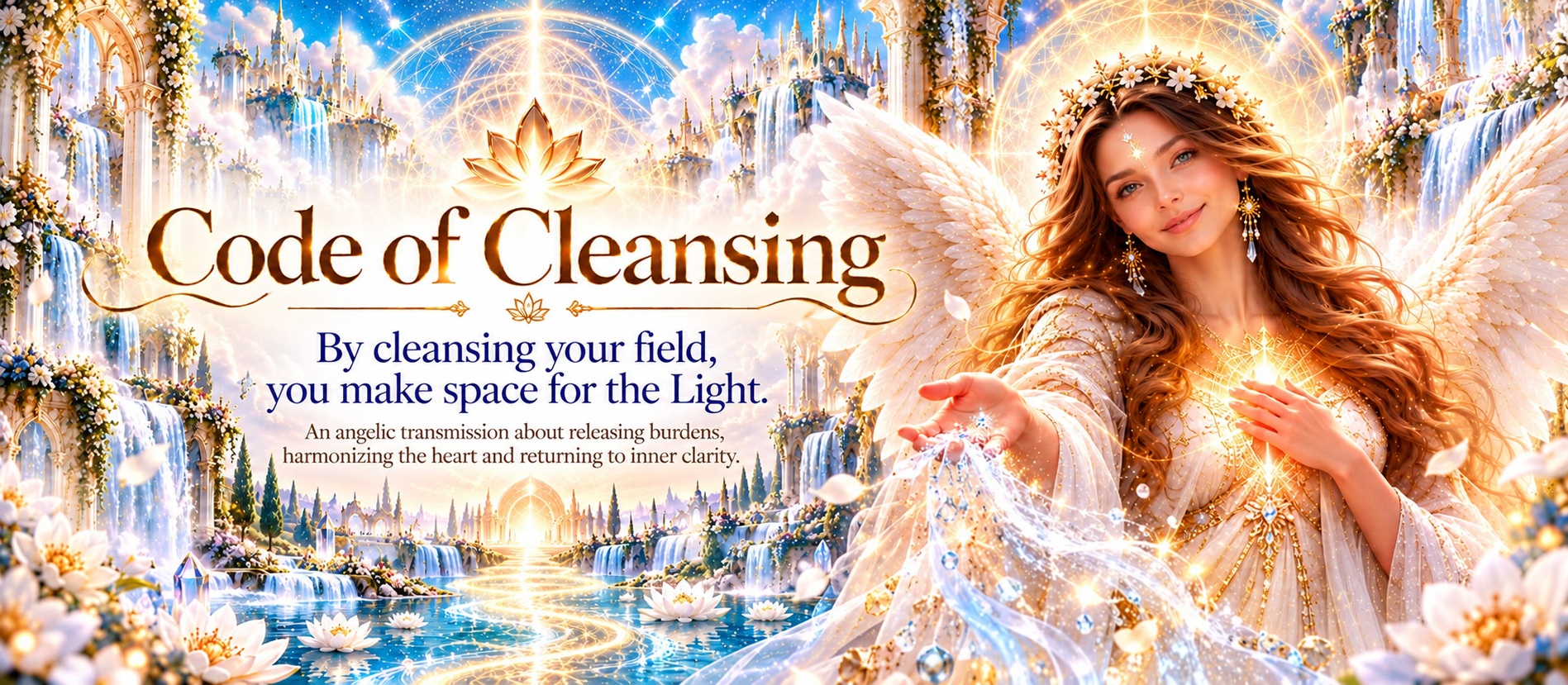 Cleansing Code — an angelic figure in a bright, luminous space symbolizing the release of what no longer serves, inner clarity, and room for new light.
