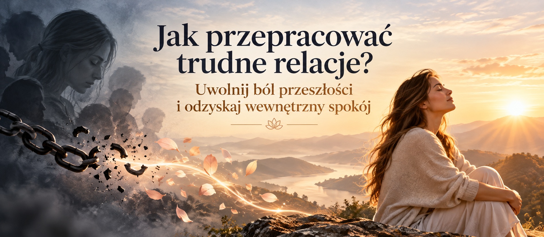 Jak przepracować trudne relacje? Kobieta uwalnia się od ciężaru przeszłości i zerwanych więzów, odnajdując spokój w świetle wschodzącego słońca.