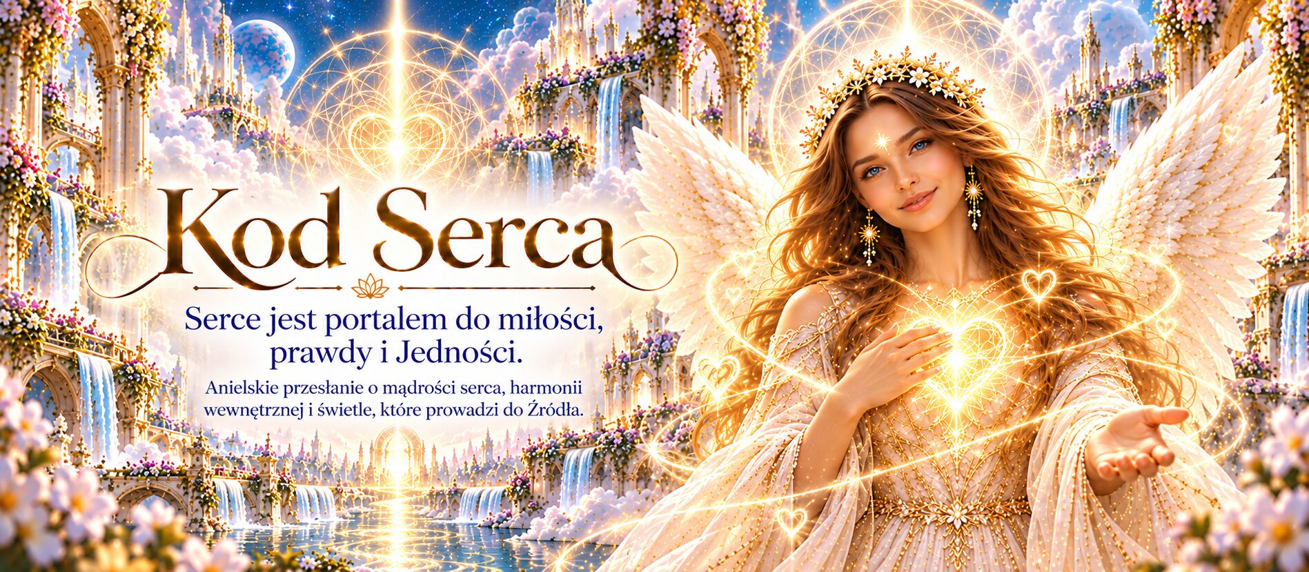 Kod Serca — anielska postać ze świetlistym sercem w niebiańskiej przestrzeni symbolizującej wewnętrzne prowadzenie, miłość, prawdę i świadomy wybór.