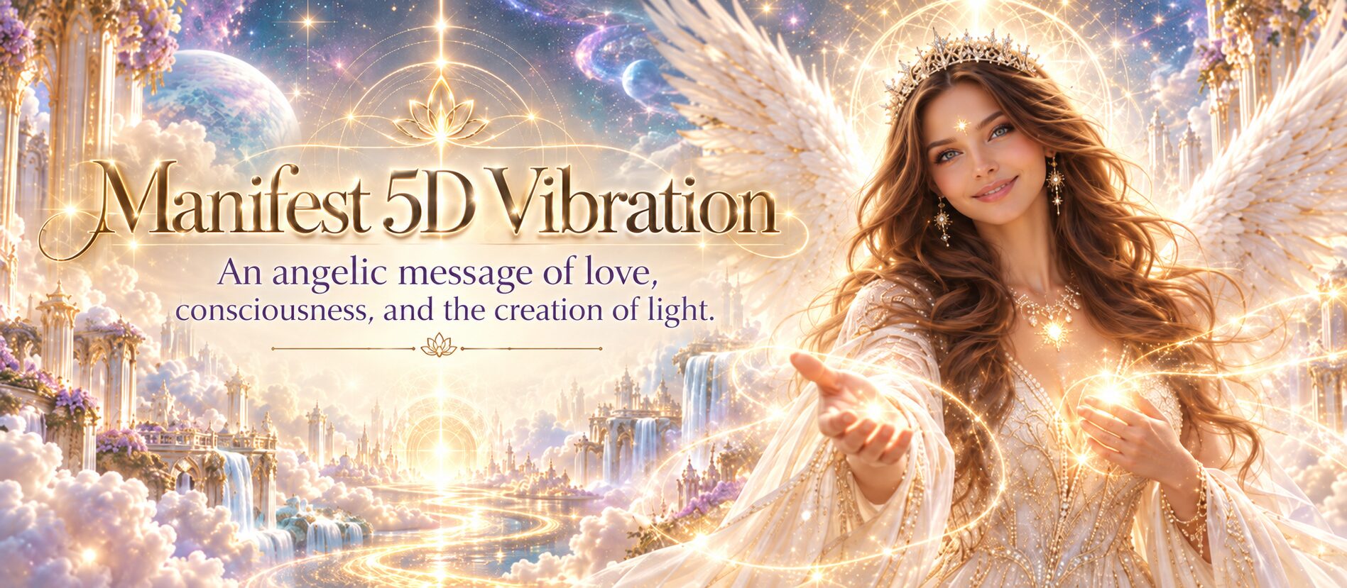 Manifest 5D Vibration — an angelic figure, Earth, and a luminous space symbolizing the transition from separation to love, light, and unity.