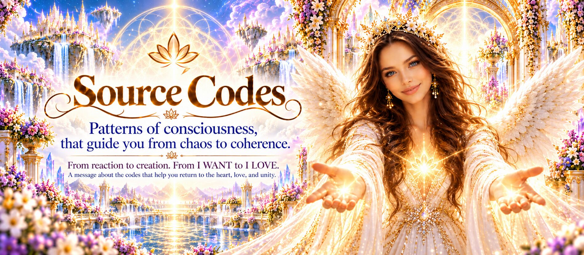 Source Codes — an angelic figure and a luminous space symbolizing a map of consciousness transformation, the path through the heart, love, light, and unity.